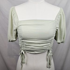 Ruched Drawstring Cropped Puff Sleeve Cottagecore Sage Blouse Lg‎ Boho Fairycore
